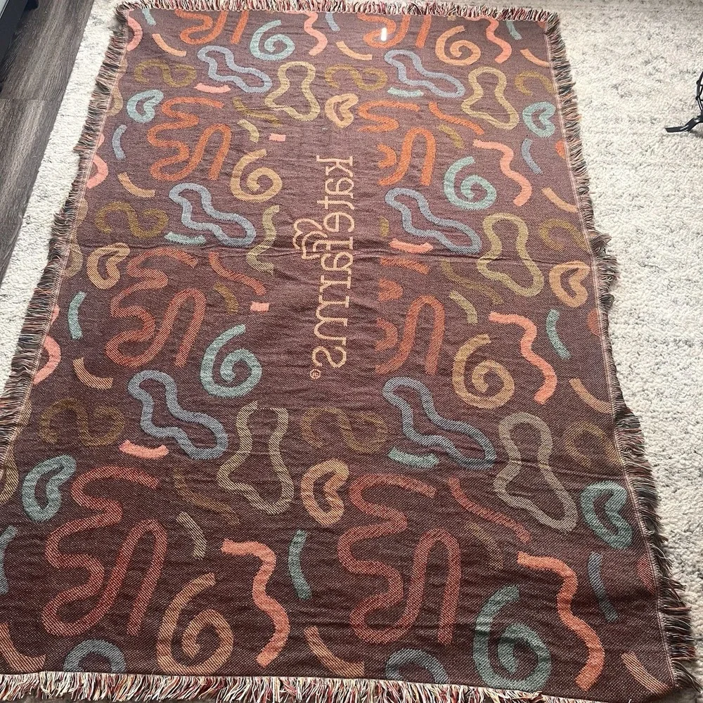 Rare Throw Tapestry Blanket Abstract 68 x 48 Colorful Squiggly Fringe